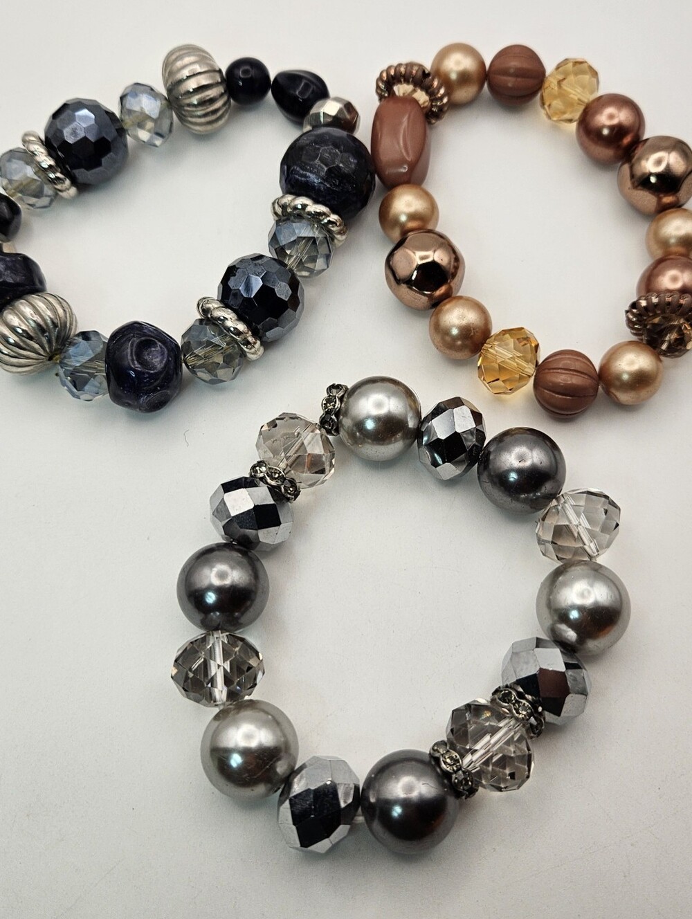 Set of 3 Beaded Stretch Bracelets Faux Pearl Faceted Crystal Metallic Bronze Gre